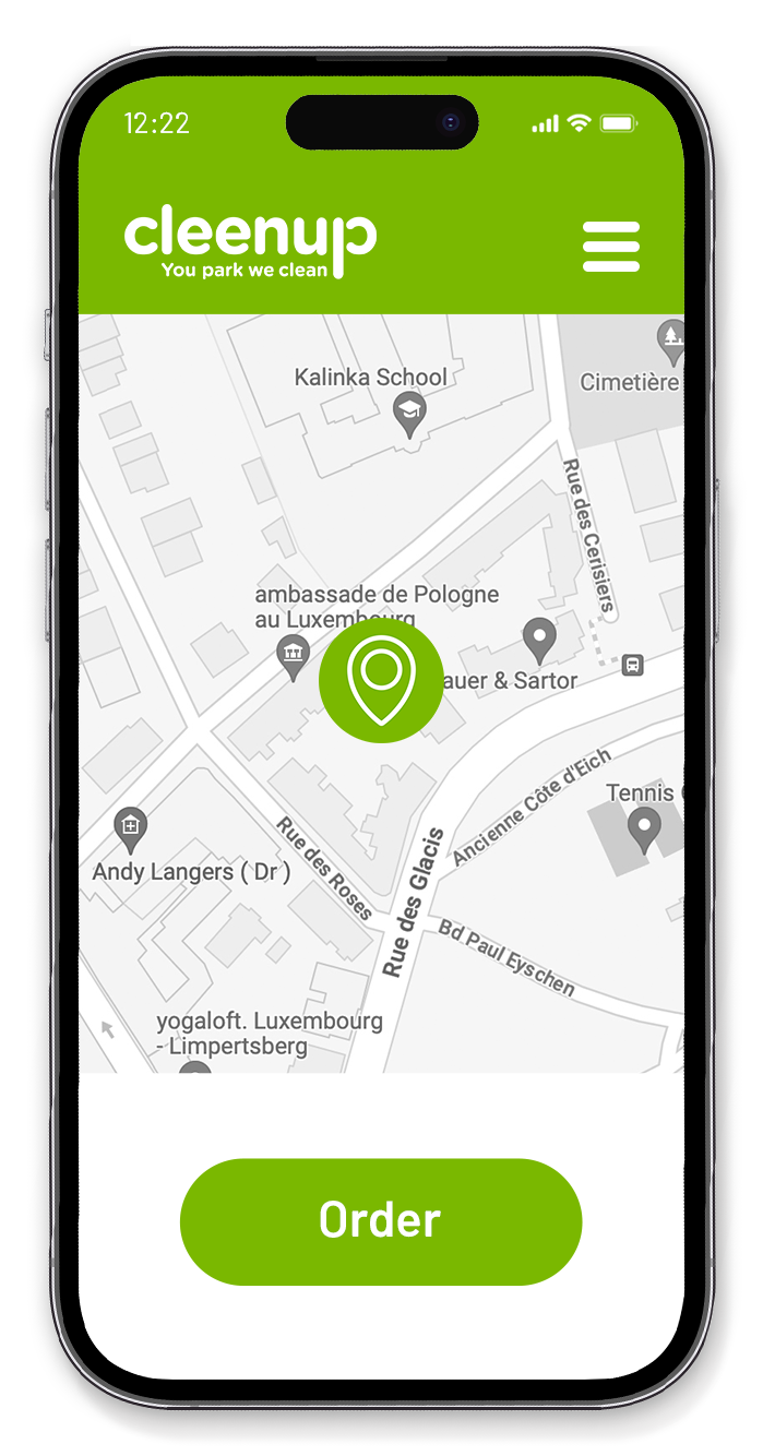 CleenUp mobile app with map and order button